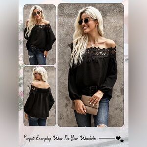 Women Off Shoulder Lace Spliced Cutout Long Sleeve Ruffled Pullover Top